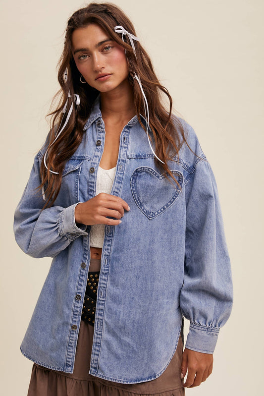 HEART DETAIL OVERSIZED DENIM SHIRT