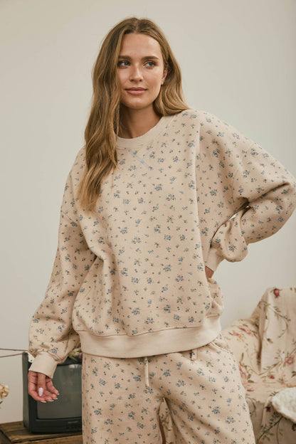 Blu Pepper - DITSY FLORAL BOXY CREW NECK SWEATSHIRT : KHAKI MULTI