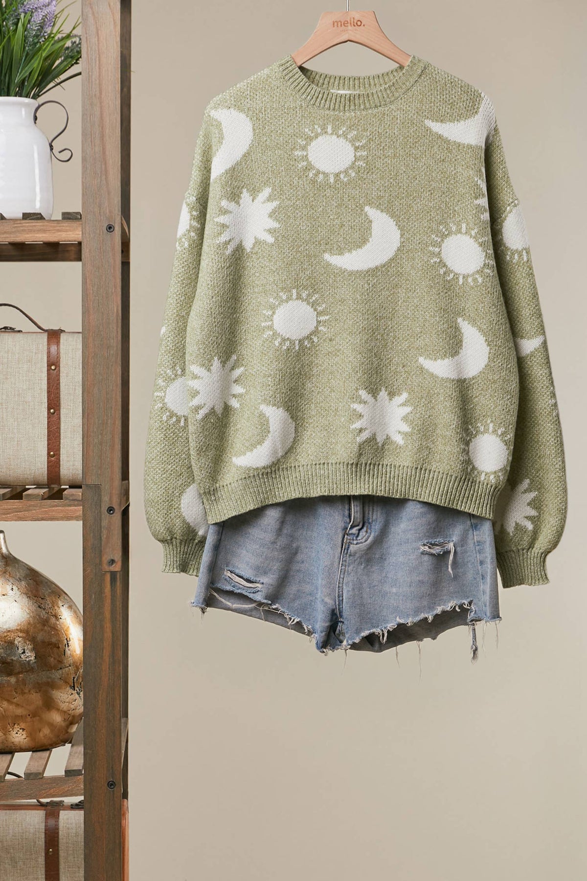 Mello. - Dreamy Moon and Star Pattern Sweater: Olive / S