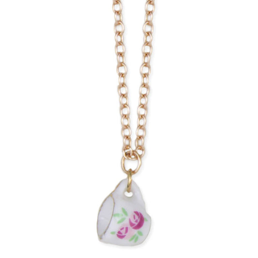 ZAD - Pink White Ceramic Teacup Gold Necklace