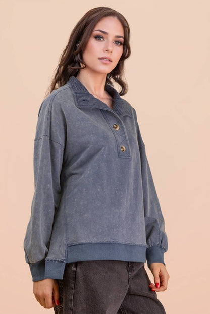 Mock Neck Mineral Washed Knit Causal Top