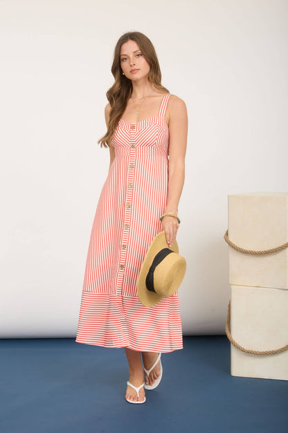 STRIPE SWEETHEART BUTTON DOWN SLEEVELESS MIDI DRESS: RED