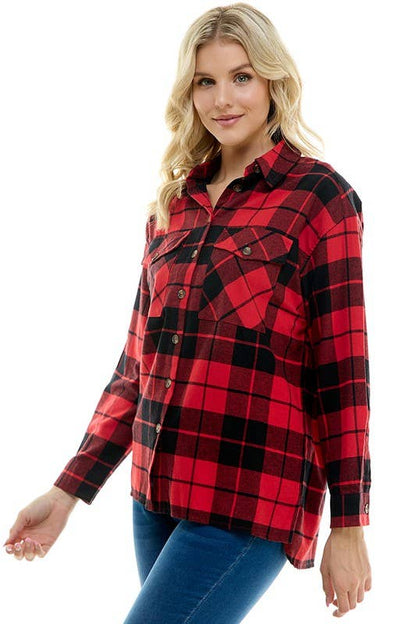 RED WOMEN'S OVERSIZED PLAID SHIRT