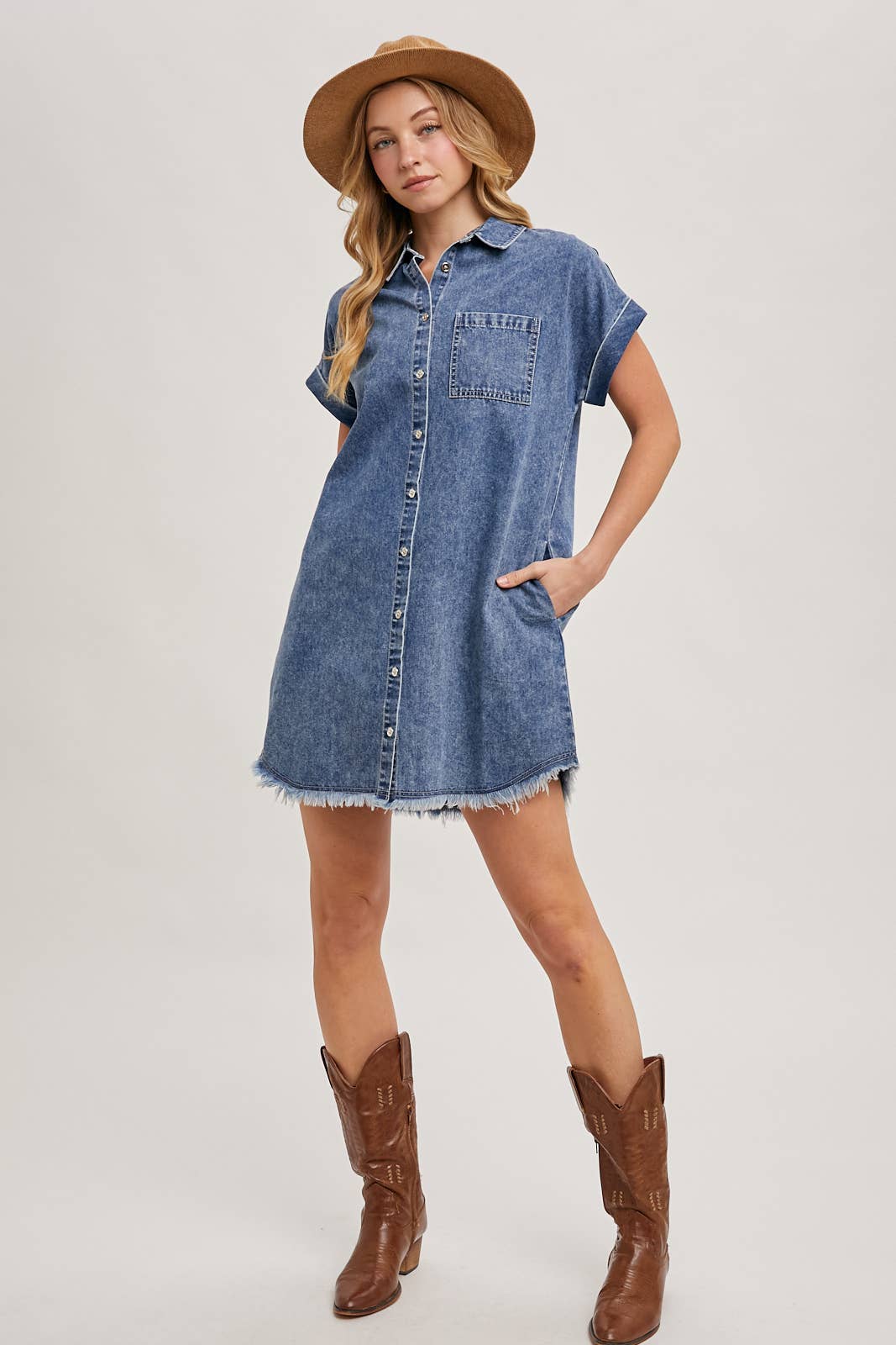 Bluivy - FRAYED HEM DENIM SHIRT DRESS: MED.WASH / M