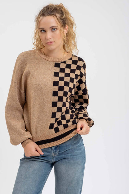 COLORBLOCK CHECKERED CREWNECK KNIT SWEATER