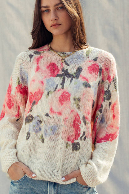 OVERSIZED FLORAL PRINT SOFT KNIT SWEATER