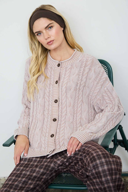 Blu Pepper - WASHED PATTERN CABLE KNIT BUTTON DOWN CARDIGAN: LIGHT KHAKI