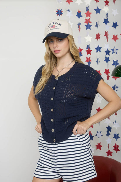 MULTI-PATTERN SCALLOP TRIM SHORT SLEEVE CARDIGAN