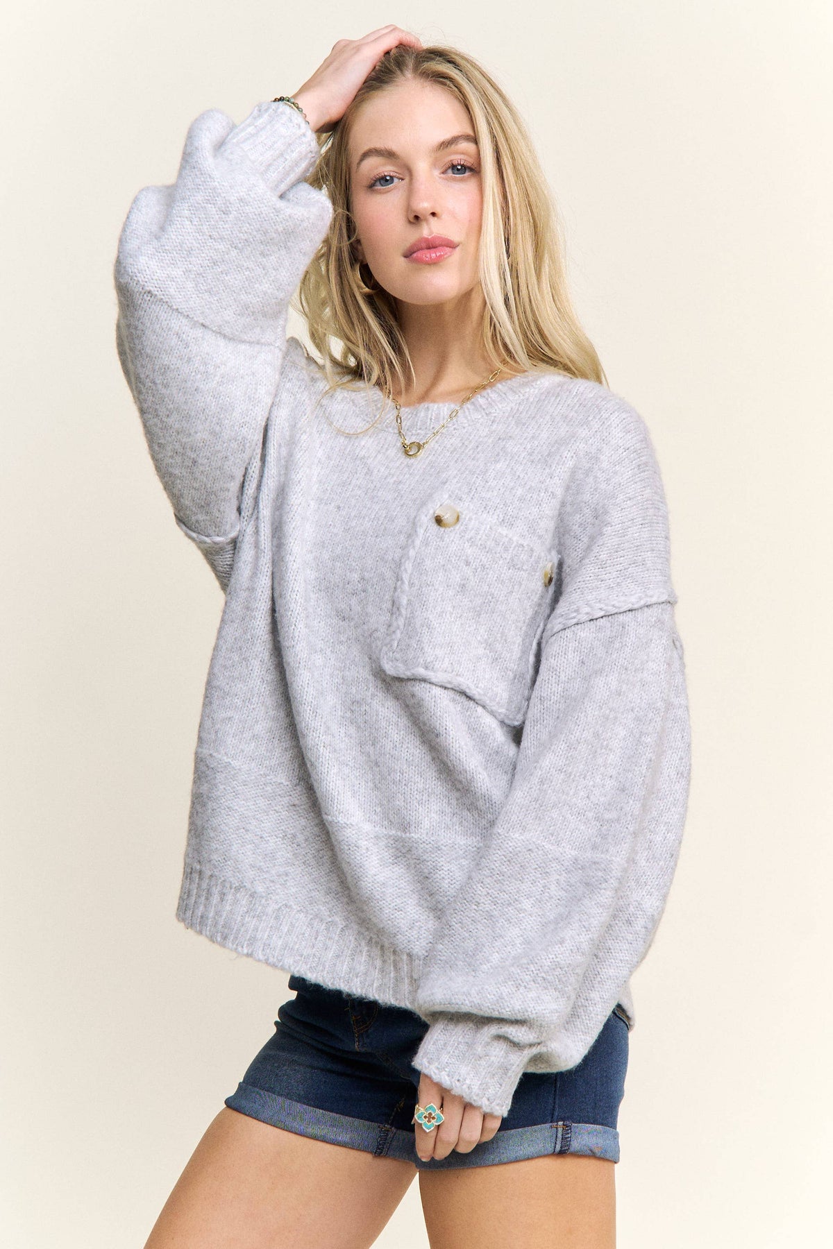 ADORA LA - CESW3943- ROUND NECK LONG SLEEVES KNIT SWEATER: H GREY / S-M-L(2-2-2)