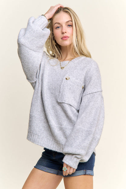 ADORA LA - CESW3943- ROUND NECK LONG SLEEVES KNIT SWEATER: H GREY / S-M-L(2-2-2)