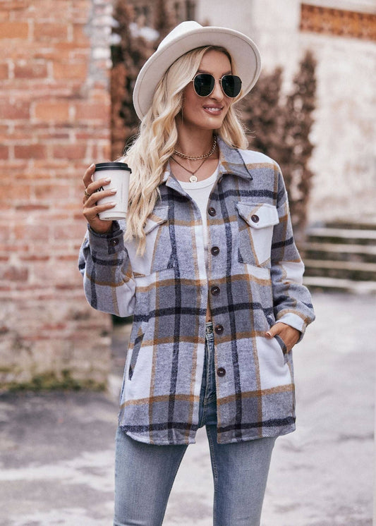 OVERSIZED GRAY, BLACK + CAMEL PLAID JACKET