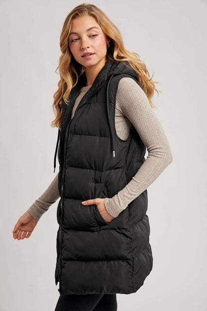 BLACK OR BEIGE HOODED ZIPPER DOWN LONGLINE PUFFER VEST