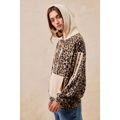 BiBi - WAFFLE THERMAL AND LEOPARD MIX AND MATCH HOODIE: LEOPARD/OATMEAL / L