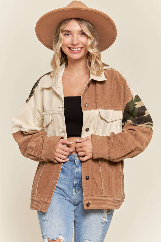 NOT YOUR HUSBAND'S BUTTON DOWN JACKET WITH CAMO ACCENT