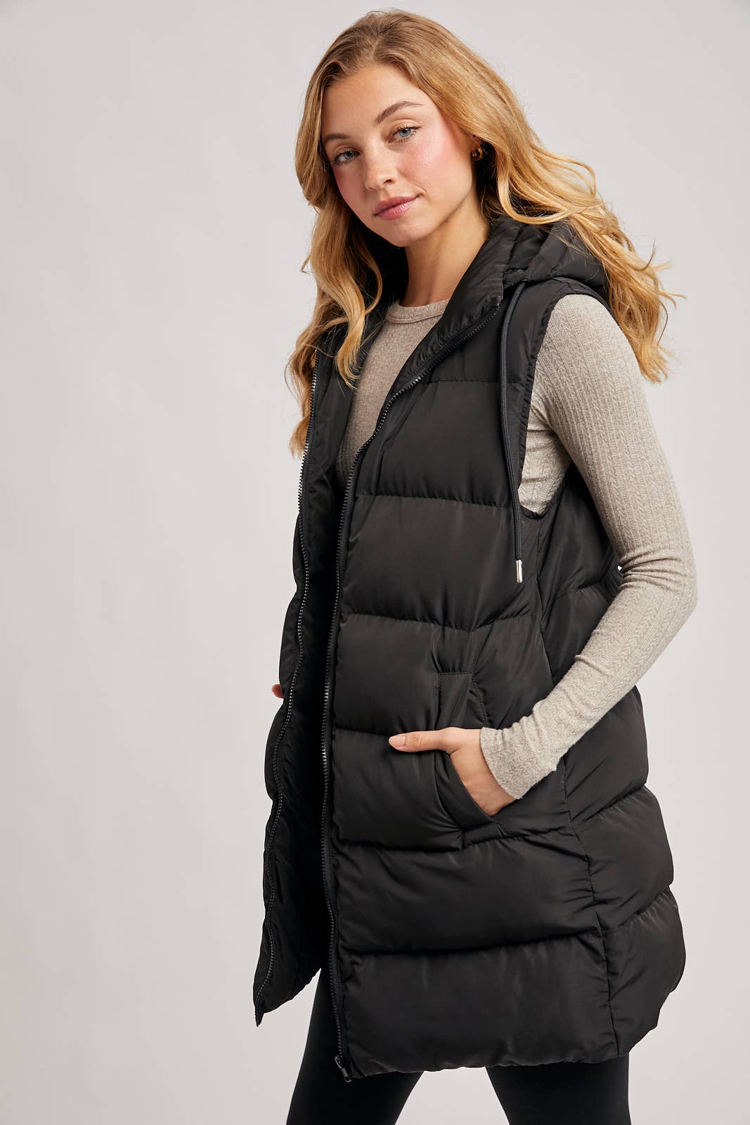BLACK OR BEIGE HOODED ZIPPER DOWN LONGLINE PUFFER VEST