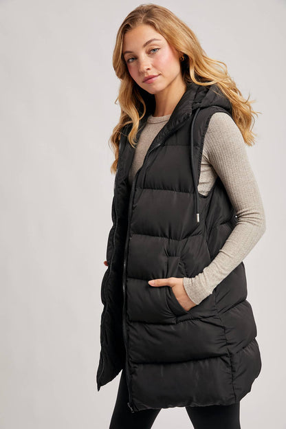 BLACK OR BEIGE HOODED ZIPPER DOWN LONGLINE PUFFER VEST