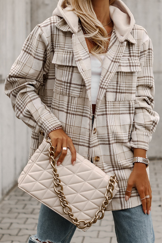 KHAKI PLAID HOODED BUTTON SHACKET