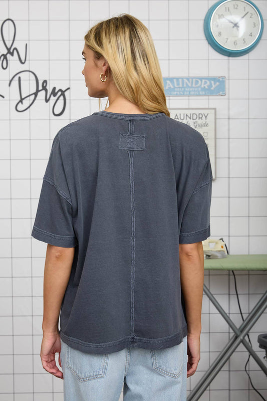 WASHED EXPOSED SEAM RELAXED KNIT T-SHIRT: NAVY