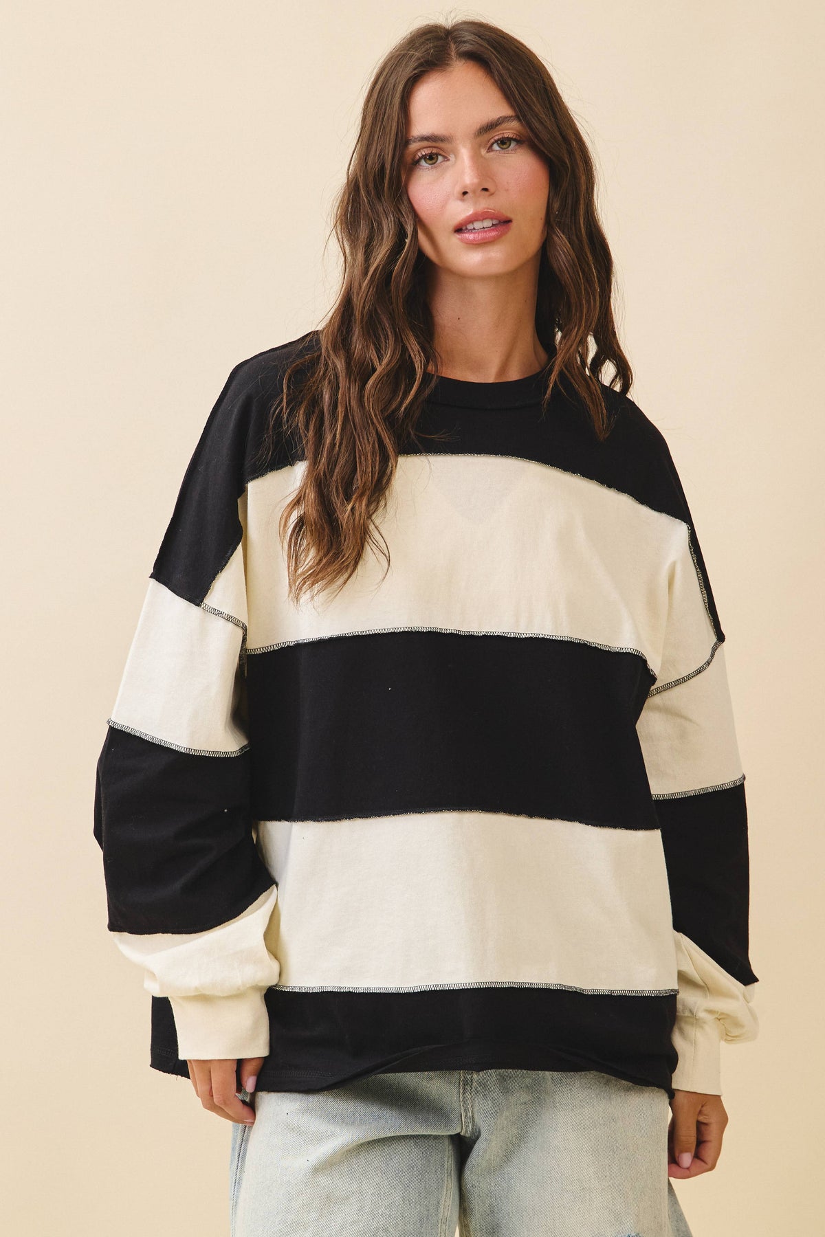AEMI + CO - 8551GN Oversized Color Block Long Sleeve Pullover: Terracotta Butter / Contemporary / S