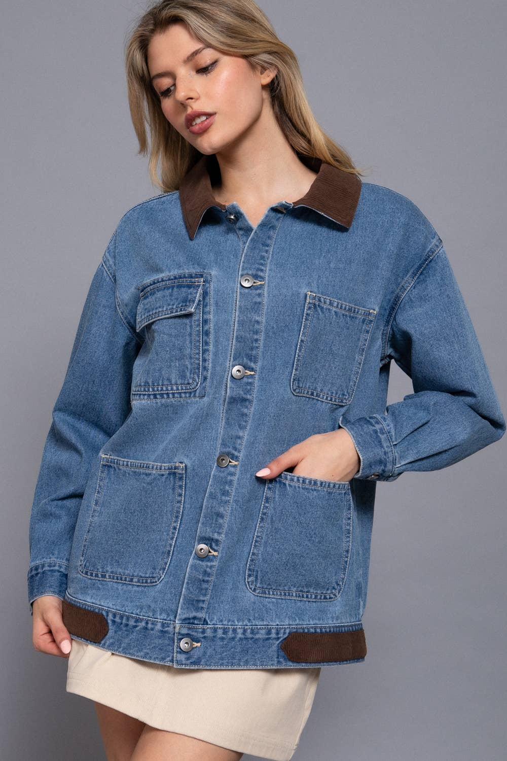 LONG SLEEVE CONTRAST COLLAR DENIM JACKET