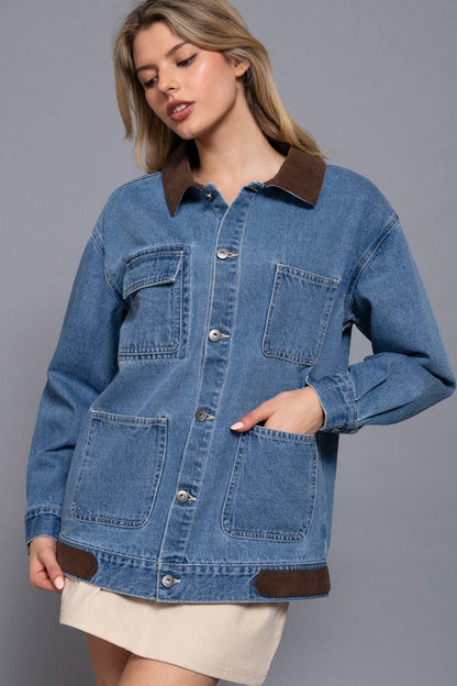 LONG SLEEVE CONTRAST COLLAR DENIM JACKET