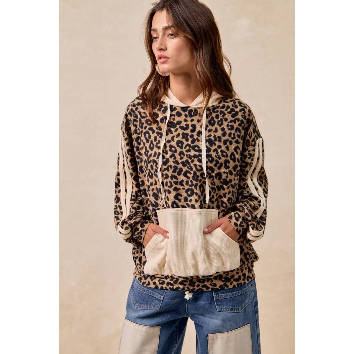 BiBi - WAFFLE THERMAL AND LEOPARD MIX AND MATCH HOODIE: LEOPARD/OATMEAL / L