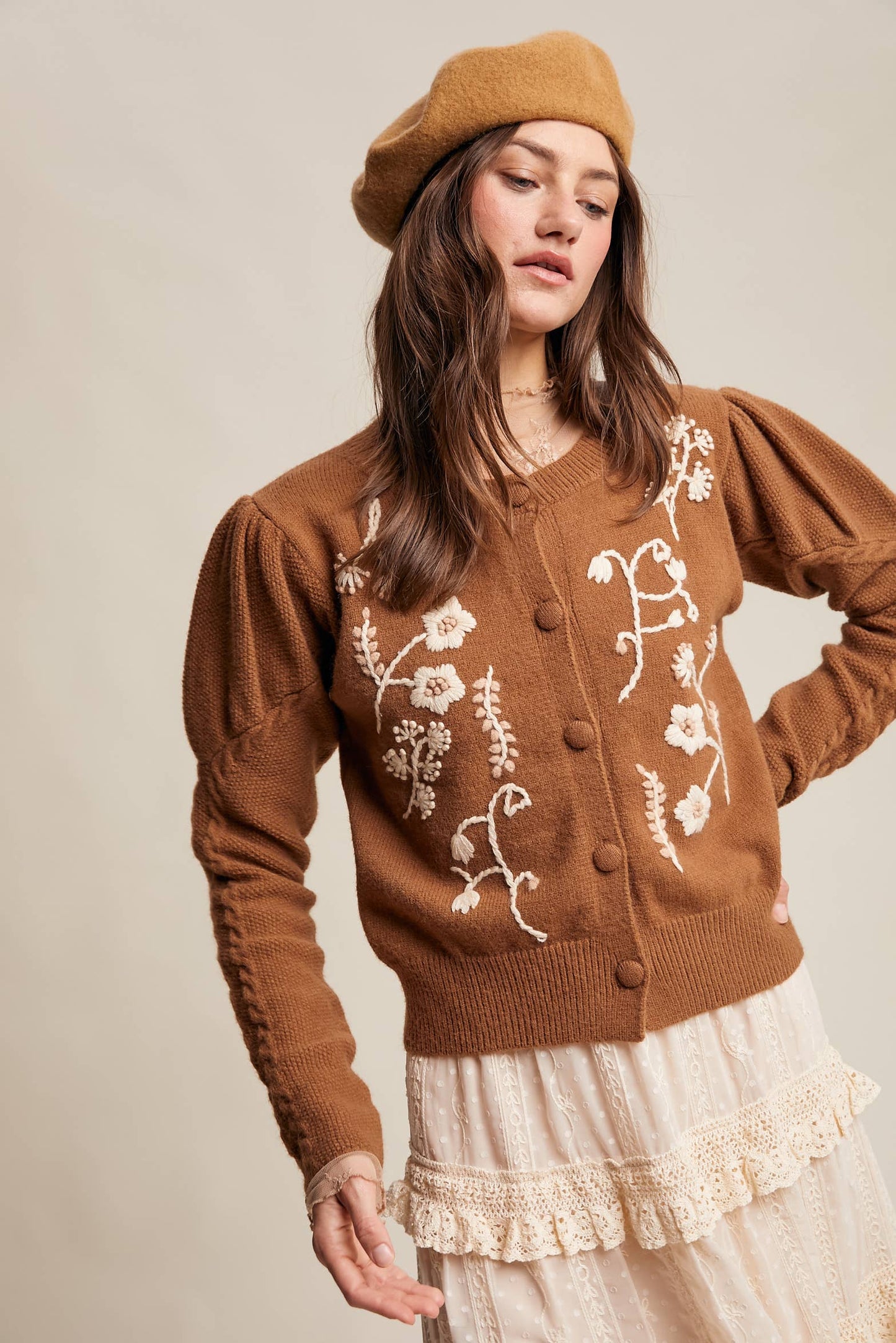 FLORAL EMBROIDERED PUFF SLEEVE CARDIGAN