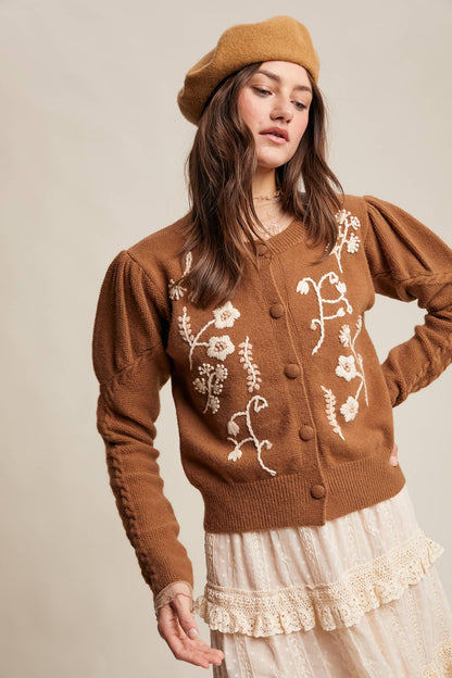 FLORAL EMBROIDERED PUFF SLEEVE CARDIGAN