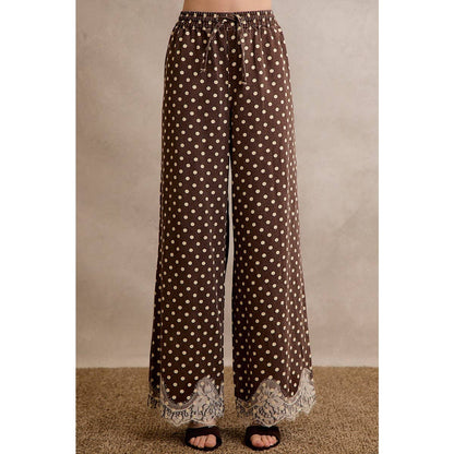 LACE TRIM WIDE LEG ELASTIC MID RISE POLKA DOT PANTS: