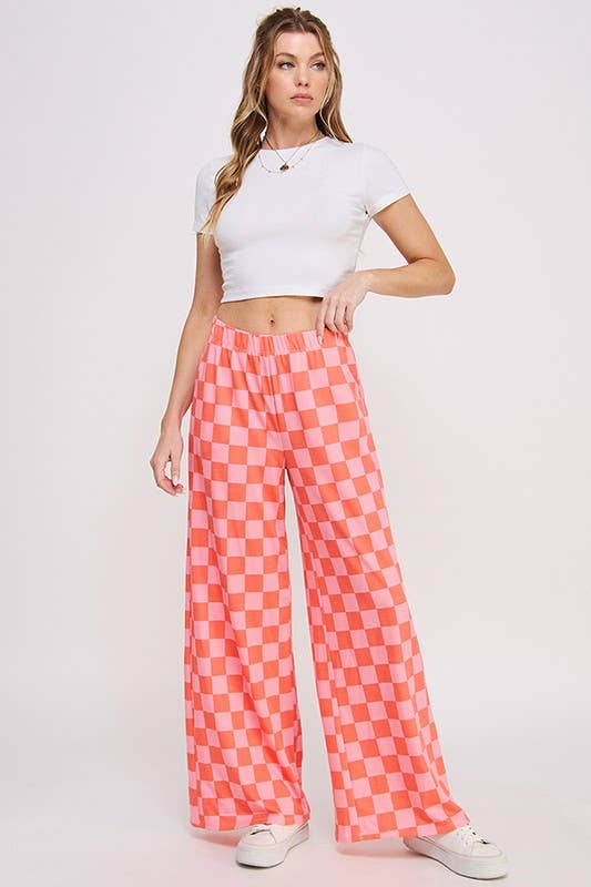 JADE BY JANE - HIGH WAIST CHECKERED STRAIGHT LEG KNIT PANTS: PINK/BROWN / L