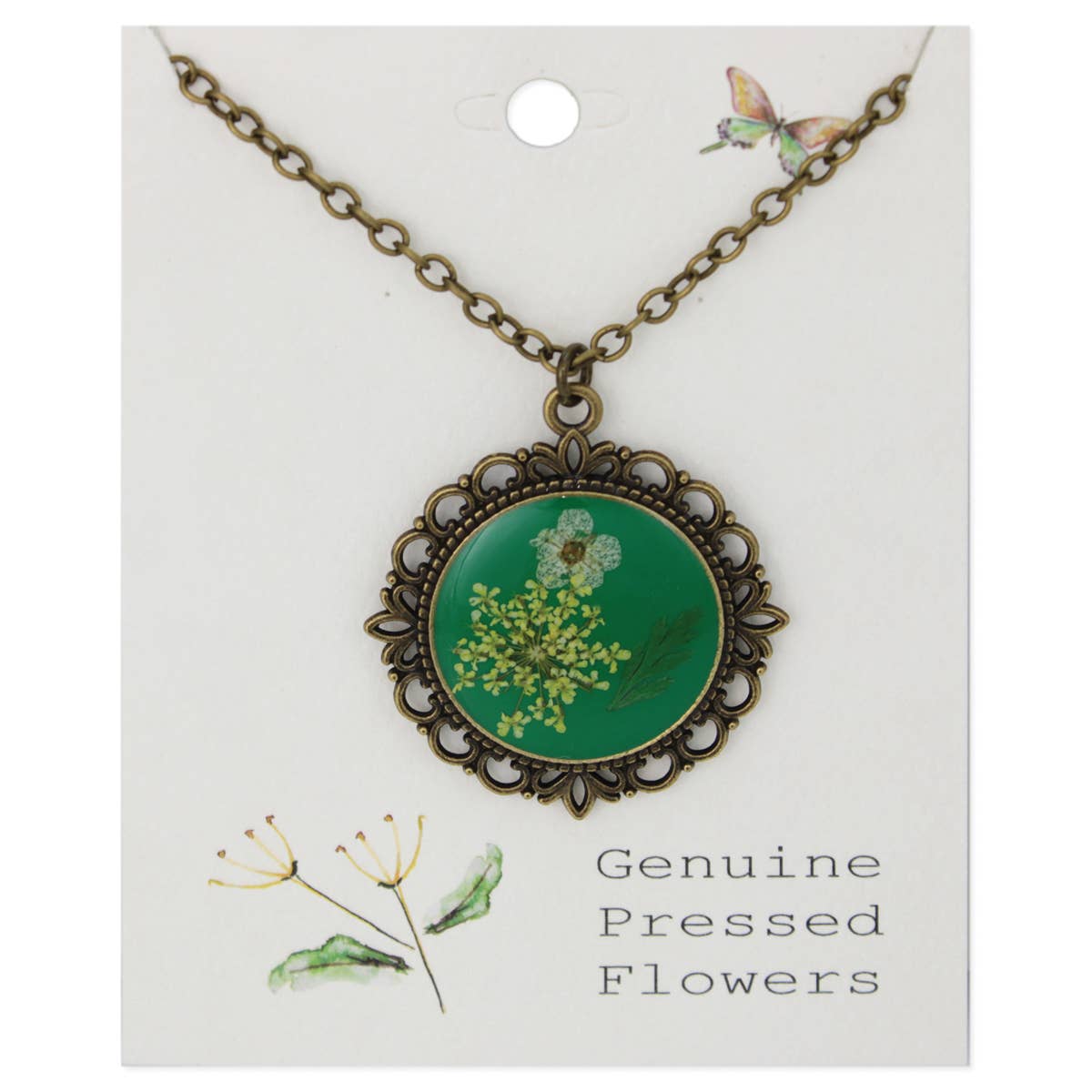 ZAD - Antique Gold Dried Flower Green Cameo Necklace