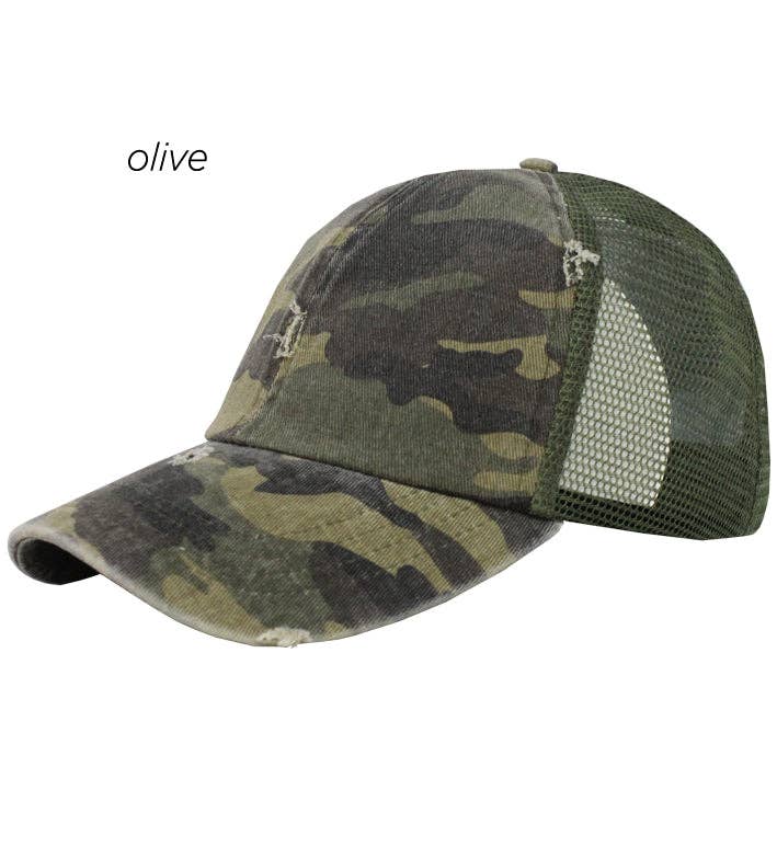 David And Young - FWCAPM6101 - Washed Camo Distressed Mesh Back Cap: Olive