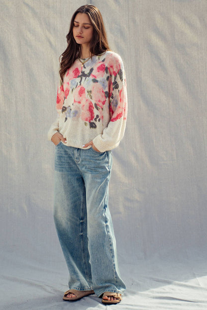 OVERSIZED FLORAL PRINT SOFT KNIT SWEATER