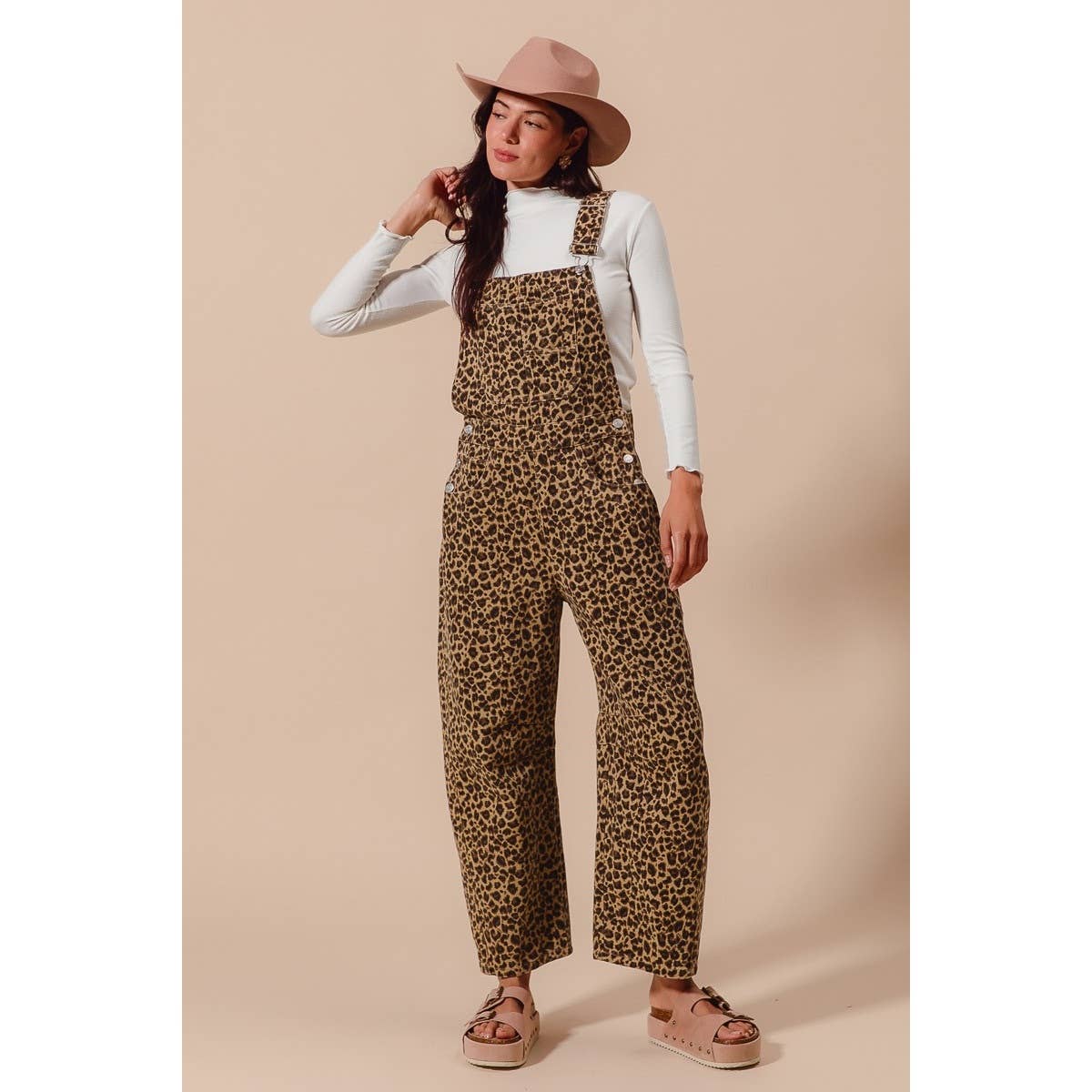 LEOPARD TWILL SLOUCHY BARREL OVERALLS JUMPSUIT