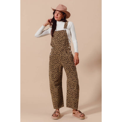 LEOPARD TWILL SLOUCHY BARREL OVERALLS JUMPSUIT