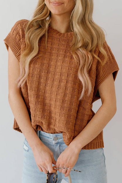 CAMEL ROUND NECK KNIT TOP