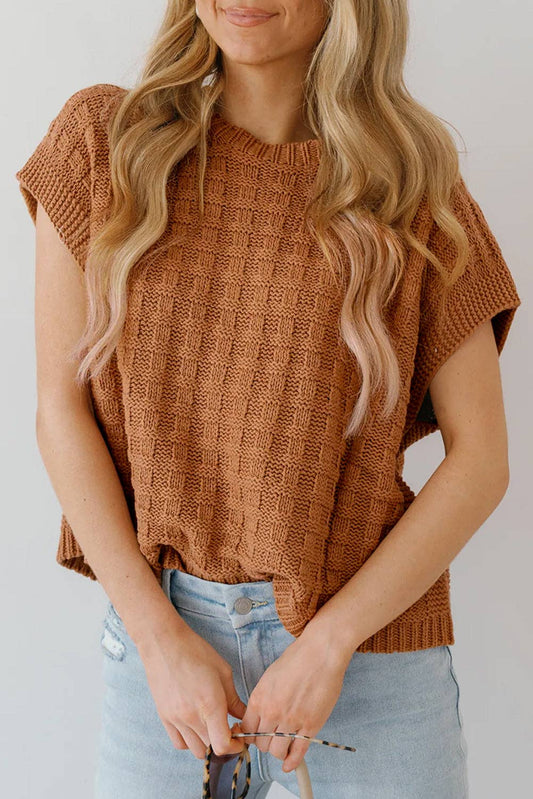 CAMEL ROUND NECK KNIT TOP