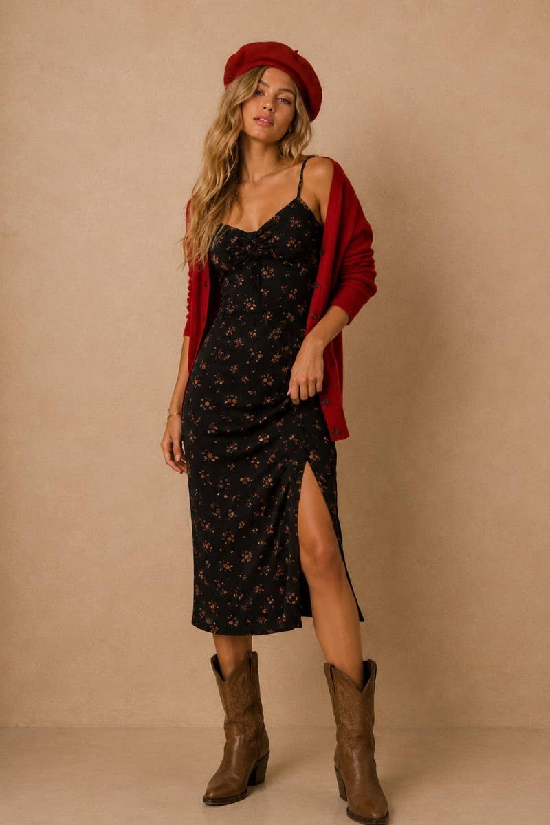 JADE BY JANE - FLORAL MIDI DRESS: RUST / S