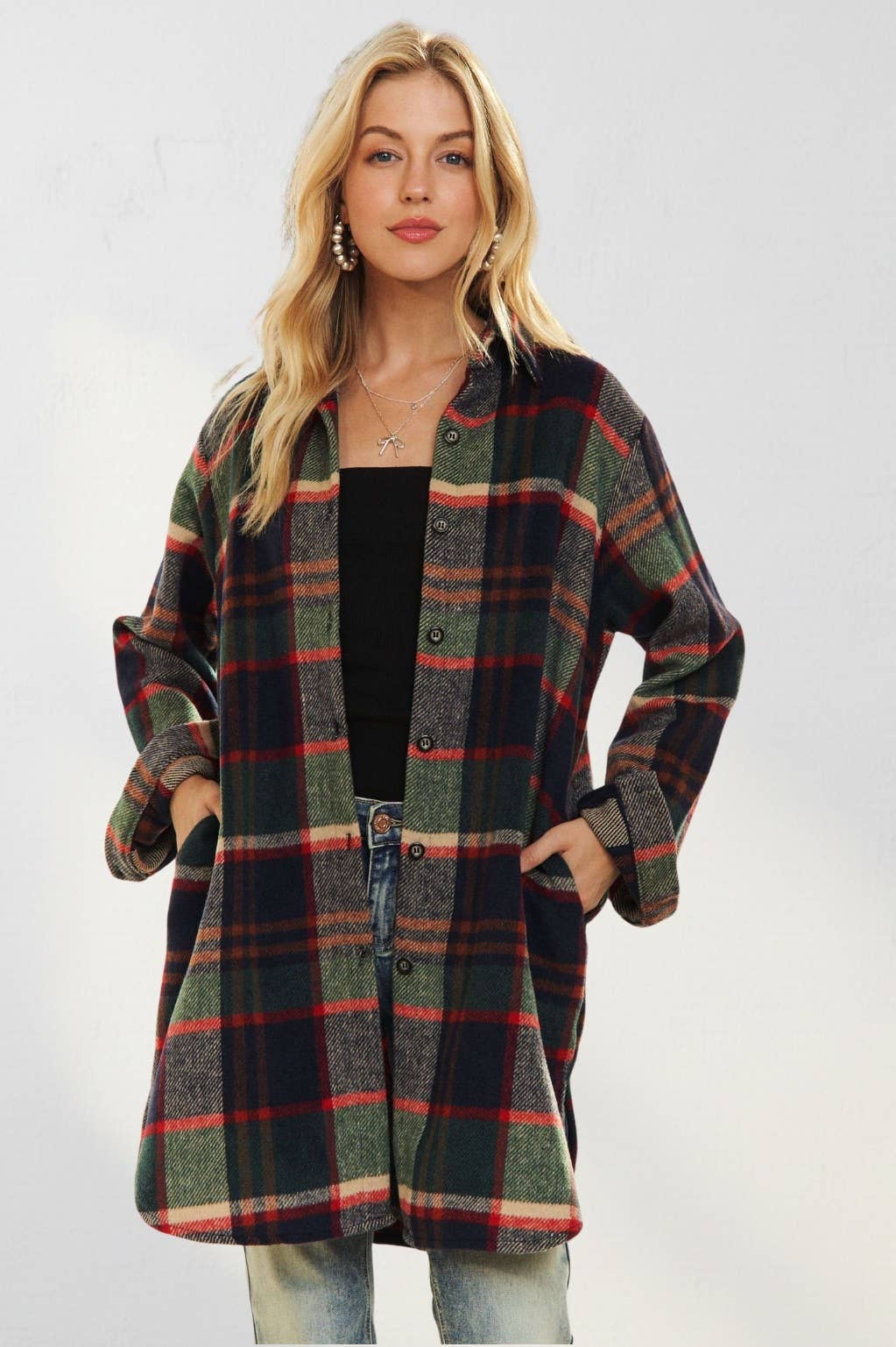 ADORA LA - CEJ1987A-CHECK FLANNEL SHIRT JACKET LONG SLEEVE: Green/Navy / S-M-L(2-2-2)