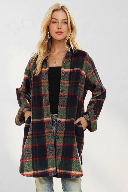 ADORA LA - CEJ1987A-CHECK FLANNEL SHIRT JACKET LONG SLEEVE: Green/Navy / S-M-L(2-2-2)
