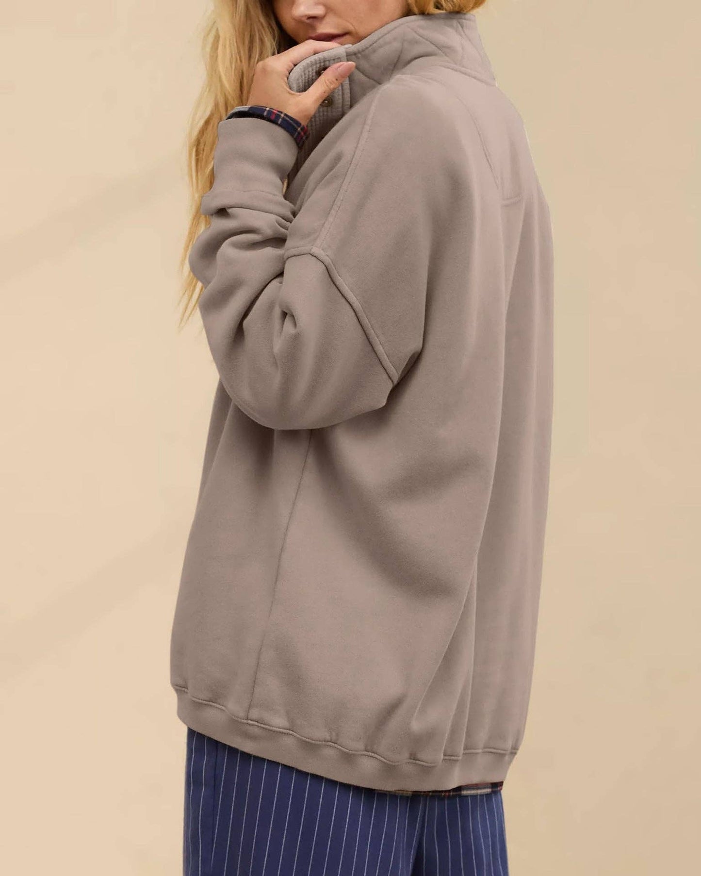 Lovesoft - Solid Fleece Sweatshirt Casual Oversized Snap Collar: Light Gray / 65%Polyester+30%Viscose   +5%Elastane / S
