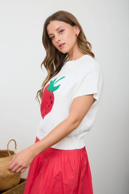 STRAWBERRY MOTIF SHORT SLEEVE KNIT PULLOVER