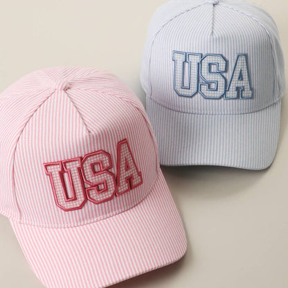 USA EMBROIDERED PATCH GINGHAM STRIPE TRUCKER HAT