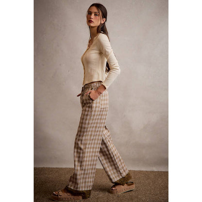 PLAID CHECK WIDE LEG PULL ON WIDE LEG PANTS WITH LACE