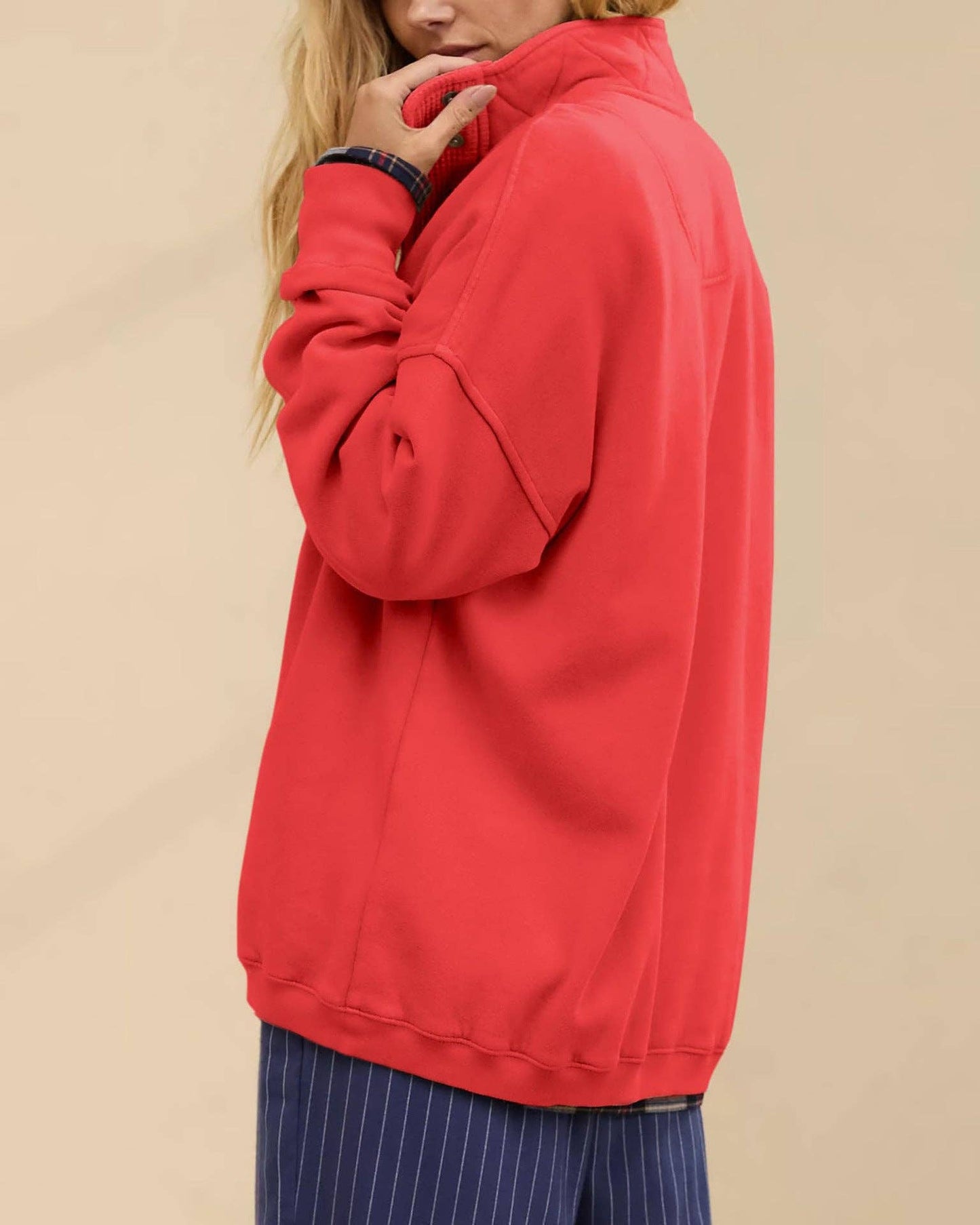 Lovesoft - Solid Fleece Sweatshirt Casual Oversized Snap Collar: Light Gray / 65%Polyester+30%Viscose   +5%Elastane / S