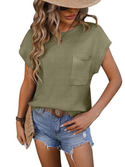Lovesoft - Crewneck Pocket Trim Top Short-sleeved Sweater: Green / Acrylic 70% + 30% nylon / XL