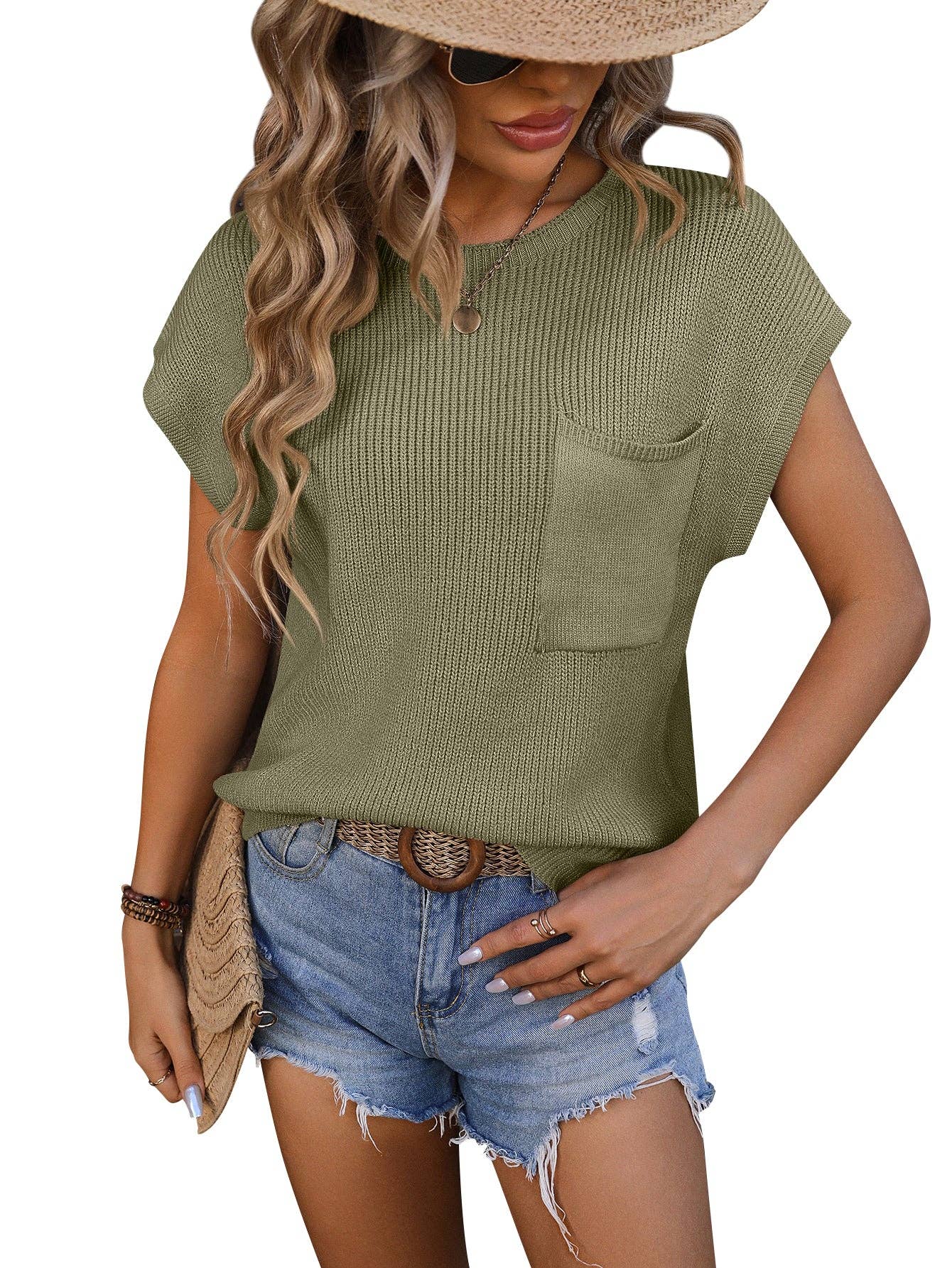 Lovesoft - Crewneck Pocket Trim Top Short-sleeved Sweater: Green / Acrylic 70% + 30% nylon / L