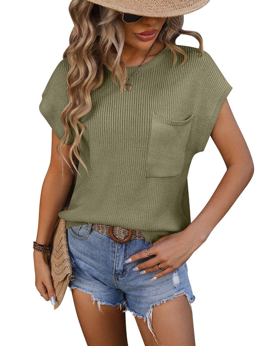 Lovesoft - Crewneck Pocket Trim Top Short-sleeved Sweater: Green / Acrylic 70% + 30% nylon / M