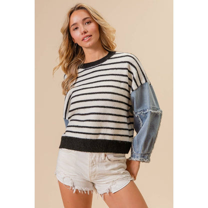 WASHED DENIM SLEEVE STRIPED SWEATER