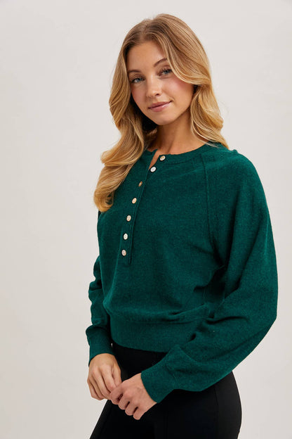 Bluivy - HALF-BUTTON HENLEY KNIT SWEATER: HUNTER GREEN / L